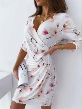  2021 Naujas Moterų Slim Fit Suknelė Vasaros Gėlių Spausdinti Pusė Rankovės Giliai V-kaklo Atsitiktinis Kelio Ilgio Suknelė Balta/Rožinė