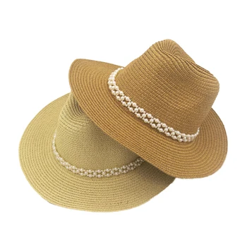  2021 Naujas Vasaros Atostogų Ponios Skrybėlės Karoliukai Plačiai Kraštų Džiazo Panama Šiaudų Saulės Bžūp Skydelis Paplūdimio Skrybėlę Gėlių Kniedės Pearl Šiaudų Skrybėlę