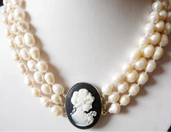  3 eilėmis 8-9MM balta baroko perlas & nulipdyta mergaitė karoliai 18-19
