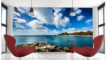  3D foto tapetai, 3d freskomis sienos popieriaus Aiškus mėlynas dangus, balti debesys jūros kraštovaizdžio paveikslų 3d sienų tapetai kambario apdaila