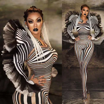  Asmenybės 3D Spausdinimo Zebra Modelis Moterų Jumpsuits ilgomis Rankovėmis Liesas Playsuits naktinio klubo Šokėja, Dainininkė, Scenoje Vilkėti Apranga