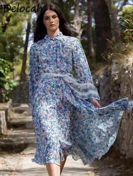  Delocah Aukštos Kokybės Pavasarį Moterys Mados Dizaineris Midi Suknelė Žibintų Rankovės Lankas Varčias Gėlių Spausdinti Elegantiškas Suknelės Vestidos