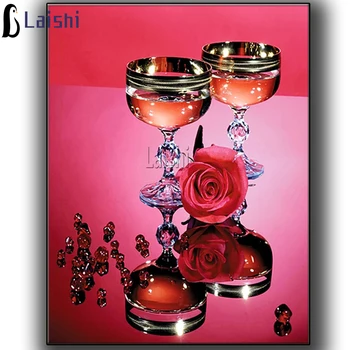  Diamond Paveikslų Visą Round Square Siuvinėjimo Paveikslėlių Mozaika Vyno taurė, Raudona rožė, romantiška atmosfera Kryželiu Rinkiniai Dekoras