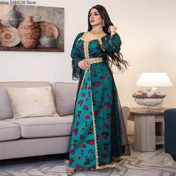  Dubajus Abaja Jalabiya Netikrą Dviejų Dalių Gėlių Spausdinti Tinklelio Diržo Siuvinėjimo Maxi Suknelė Artimųjų Rytų Moterų Islamą, Arabų Turkija Skraiste
