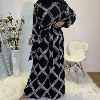  Dubajus Abaja Turkija ilgomis Rankovėmis Maxi Suknelė Rhombus Spausdinti Hijab Suknelė su Plačiomis Varčios Musulmonų Moterys Islamo Skraiste Kuklumas