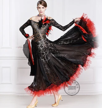 elegantiškas pritaikyti juoda raudona ilgomis rankovėmis kalnų krištolas Fox risčia Valsas tango salsa konkurencijos sportinių šokių suknelė
