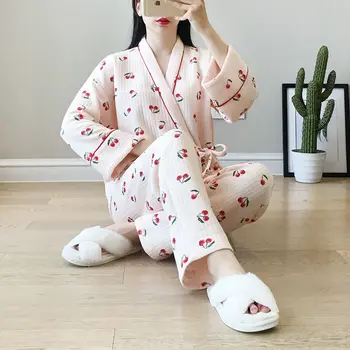  Japonijos Moterys Kawaii 2 Vienetų Komplektas Naujas Pižama Persikų Vyšnių Spausdinimo Kimono Žiemą Šilta Medvilnė Sleepwear Yukata Namų Drabužių