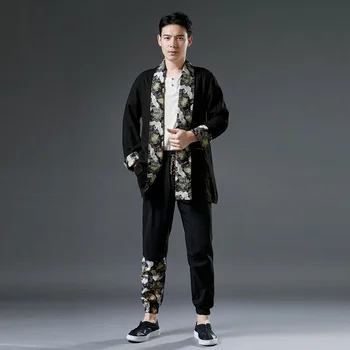  Japonų Kimono Yukata Haori Vyrų Samurajus Kailis Harajuku Streetwear Krano Retro Spausdinti Laisvi Juodas Ilgomis Rankovėmis Atsitiktinis Derliaus