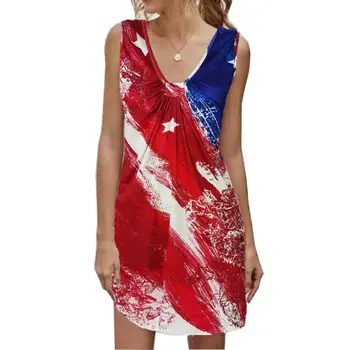  JAV Vėliava Modelis Slydimo Suknelė Moterų Berankovis Plisuotos V-Kaklo, Palieka Gėlių Grafiti Spausdinti Vest Suknelė Vasarai