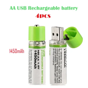  Kokybės Prekės AA USB 4pcs 1.2 V 1450mAh USB Įkraunama Baterija, Greitas Įkrovimas Li-po Aukštos Kokybės 2A Baterijų Bateria RoHS, CE