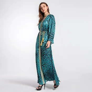  Leopard Print Nauja Suknelė Moterims Mados Elegantiškas Jalabiya Dubajaus Musulmonų arabų Maroko Kaftan Žalia Skraiste
