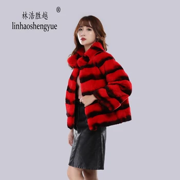  Linhaoshengyue 2020 tikro kailio 60cm triušio kailiniai paltai moterims mados šiltos žiemos freeshipping