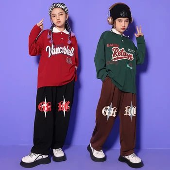  Mergaitės Berniukai Paauglių Kuriame Streetwear Komplektus Hip-Hop ' Polo Drabužiai Laisvi Marškinėliai Baggy Kelnės Vaikams Džiazo Šokio Kostiumų Drabužiai