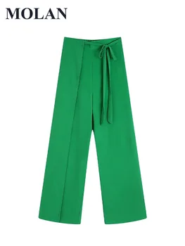  MOLAN Žalia Moterų Mados Kelnių Diržo Aukšto Juosmens Officewear Atsitiktinis Palaidų Za Kelnės Moteriškos Kelnės Mujer