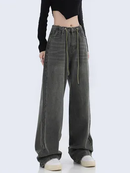  Moterų Baggy Jeans Kelnės Tiesios Elastinga Juosmens Streetwear Derliaus Atsitiktinis Mados Ponios Džinsinis Platus Kojų Kelnių 2022 M. Rudenį Naujų