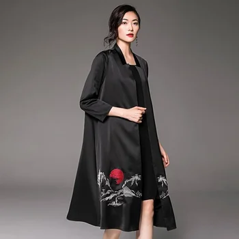  moterų Šilkiniai akių mados tranšėjos siuvinėjimo švarkelis, kimono moterų negabaritinių atostogų šilko nėriniai tranšėjos viršutiniai drabužiai wq1455