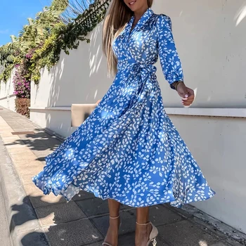  Mėlyna Vestido Mados Rudens-Moterims, Elegantiškas Lapų Spausdinimo Suknelės 2022 M. Vasarą Long Sleeve V-Kaklo Dirželis Slim Ilga Suknelė Šalis Atostogų
