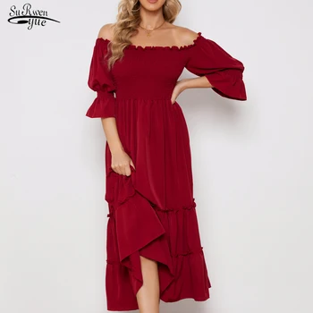  Naujas Elegantiškas Velniop Kaklo Šalis Suknelė Europoje ir Amerikoje, Raudona Ilga Suknelė Moterims Aukšto Juosmens Boho Suknelė Skraiste Femme 18257