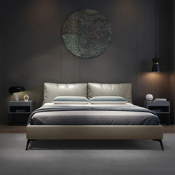  Oda lova prabanga Šiaurės vestuvių lova modern paprasta dvigulė lova, miegamojo, oda minkšta lova italijos minimalistinė lova