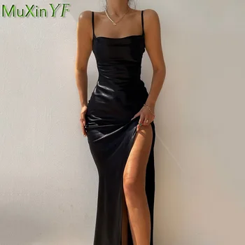  Prancūzijos Grakštus Vakarienę Maxi Suknelė Moterims 2022 M. Vasarą Naujų Seksualių Padalinta Camisole Juoda Vakaro Suknelės Lady Slim Jaukus Aprangos