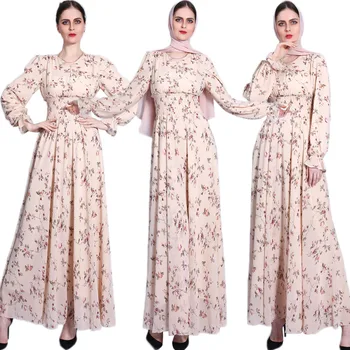  Ramadanas Musulmonų Moterys Šifono Abaja Gėlių Spausdinti Ilgas, Maxi Suknelė Dubajus Kaftan-Line Elastinga Juosmens Suknelė Islamo Drabužių Vestidos