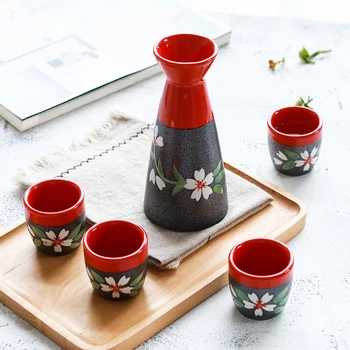  Raudona Gėlė, Vynas, Nustatyti Japonijos Sake Rinkinys Keramikos Flagon Vyno Puodą su Geriamojo Taurė Vyno Taure Bare Rinkinys (1 pot + 4 puodeliai)