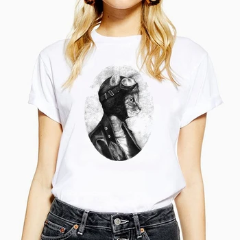  Retro Stiliaus Funny Cat bandomasis Print t-shirt Moterims Rudens Drabužių Balta Atsitiktinis Trumpas rankovės O-kaklo marškinėliai,Lašas Laivas
