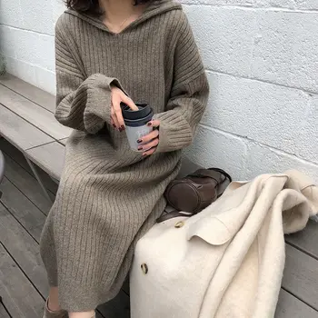  Rudenį ir žiemą naujas laisvas megztinis megztinis dėvėti gobtuvu užsienio ilgomis rankovėmis plonas megztinis per kelio megztinis moteriška viršūnės