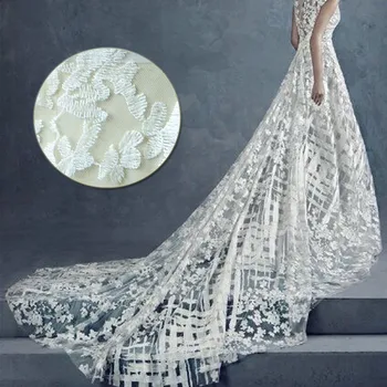  Siuvinėjimo nėrinių audiniai stereo gėlių vestuvių suknelė audinys dramblio kaulo balta bud šilko Santuokos tinkleliai audiniai
