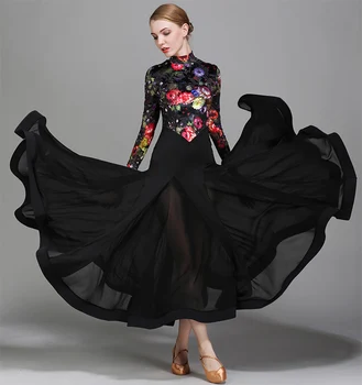  Standartinių Sportinių Šokių Suknelės Moterims Black Print Valsas, Šokių Drabužiai Suaugusiųjų Elegantiškas Pramoginiai Konkurenciją Šokių Suknelė