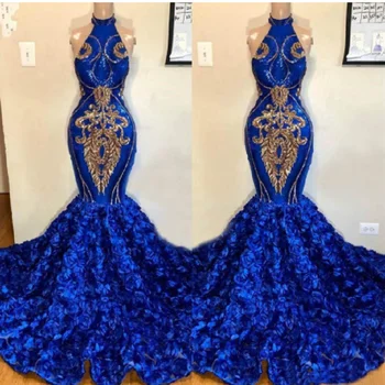  Undinė Vakaro Suknelės Juoda Mergina Afrikos Blizgančių Aukso China Aplikacijos 3D Gėlių Oficialų Prom Šalis Suknelė Vestidos Largo