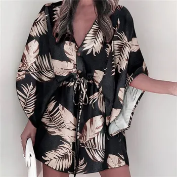  Vasaros Paplūdimio Mini Suknelės Moterims Boho Atsitiktinis Spausdinti V Kaklo Suknelė Nėrinių Mygtuką Batwing Rankovės Prarasti Moterų Sexy Šalis Suknelė