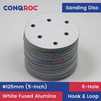  Šlifavimo Diskus 100-Gabalas 125mm (5 Colių) 6-Hole White Lydyto Aliuminio Sauso Šlifavimo Popierius Kablys ir Kilpa