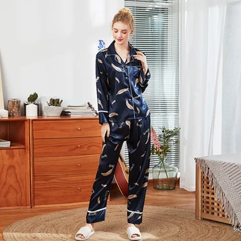 2019 Spausdinimo Lapų Šilko Pižama Moterų Sleepwear Rudenį Seksualus Mados Patogus Minkštas Mergina Sleepwear Kostiumas 1107
