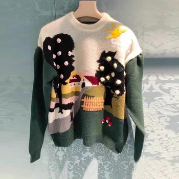  2021 naujas vilnos megztinis mielas Kalėdų stiliaus nukentėjo spalva namas vilnos kamuolys storio adata apvalios kaklo megzti megztinis džemperis moterims