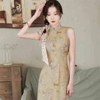  2022 M. Vasarą Retro Ramės (Kiniškosios Dilgėlės Du Kartus Atspausdinti Vidutinio Ilgio Cheongsams Moterų Kinijos Elegantiškas Pasakų Qipao Pagerino Azijos Vietnamo Suknelės