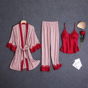  3 Vnt Dryžuotas Kostiumas Spausdinti Moterų Pižama Ledo Šilko Nėriniai Seksualus Sleepwear Su Krūtinės Mygtukai V-Kaklo, Pižamos