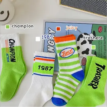  4Pairs Pack 3-12 Metų 2021 m. rudenį abėcėlė dryžuotas vamzdis kojinės sporto banga kojinės berniukų ir mergaičių kojinės