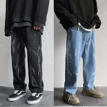  Atsitiktinis Tiesios Kelnės Vyrams tie dažai Spausdinti Džinsai korėjos Mados Streetwear Vyrai Laisvi Džinsinio audinio Kelnės 2022