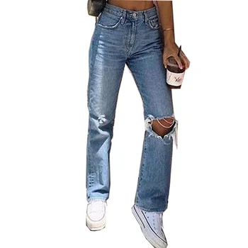  Aukštos Juosmens Džinsai Moterims, Mėlyna Tiesiai Kankina Kelnes Visas Ilgis Skylę Džinsai Mama Pločio Kojų Kelnės Prarasti Streetwear Kelnės 6292