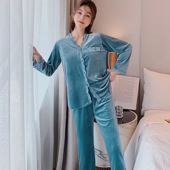  Blue Velvet Moterų Pižama Nustatyti ilgomis Rankovėmis V-kaklo, Kelnių Pijamas Tiktų Palaidi Atsitiktinis Namų Drabužių Loungewear Saldus Nėrinių Sleepwear