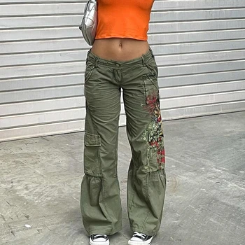  Derliaus Baggy Džinsinio Moterų Džinsus 90-ųjų Grunge Mažas Juosmens Pločio Kojų Krovinių Kelnės Tamsiai akademinės bendruomenės Atsitiktinis Streetwear y2k Kelnės