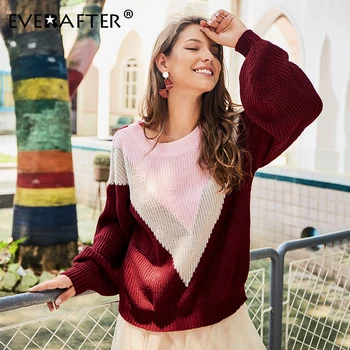  EVERAFTER Elegantiškas megztas moterų megztinis, vintage geometrinės O-kaklo Kratinys laisvas megztinis megztinis Rudenį, žiemą ponios megztinis