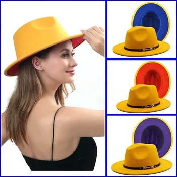  Geltona Fedora Skrybėlės Moterims, Vyrams, Trilby Kepurės Vilnos Fedoras Šiltas Diržo Viršuje Džiazo Skrybėlę Lady Derby Bžūp