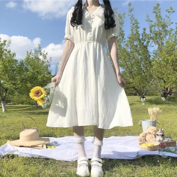  Hipster Elegantiškas Lėlės Apykaklės Studentų Short-Sleeve Dress Moterų Japoniško Stiliaus Balta Midi Sijonas 2020 Metų Vasaros saldus lolita dress