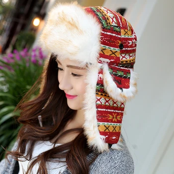  HT016 Spausdinti rusijos Žiemos Skrybėlės Šilta Megzta kepurė Mados Kailio Earmuff Storio Sniego Earflap Ushanka Bžūp Moterų Raudona Žiemos Bombonešis