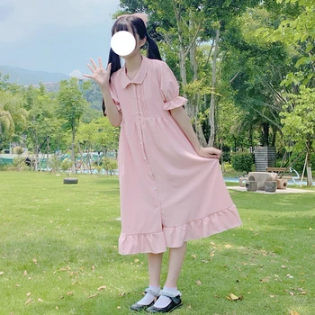  Japoniško Stiliaus Akademinės Polo Apykakle Plisuotos Sluoksniuotos Rankovėmis Aukštos Juosmens, Palaidi Slim Raukiniai Suknelė Moterų 2020 m. Vasarą lolita dress