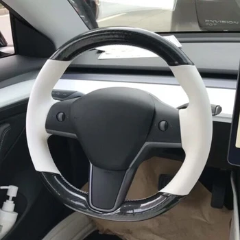  Juoda Su Balta Odinis Vairas, Rankiniai dygsniai ant Wrap Padengti Tesla Model 3 2017-2020