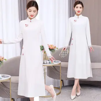  Kinų Stiliaus ilgomis Rankovėmis Modifikuotų Cheongsam Rudens Ir Žiemos 2022 Nauja, Moterų Megzti Retro Mygtuką Suknelė Eelgant Qipao T1254