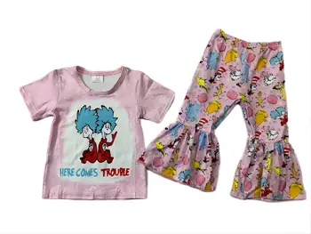 Kūdikių, Mergaičių Drabužiai Nustatyti Animacinių filmų Spausdinti marškinėliai ir Suderinta Bell Bottom Kelnės Boutique Bamblys Vaikams, Vaikų Vasaros Komplektus